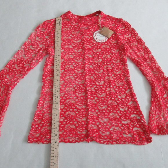 UMGEE Top Womens Small Red Floral Sheer Lace Long Flutter Sleeve Mock Neck NWT - Picture 7 of 12